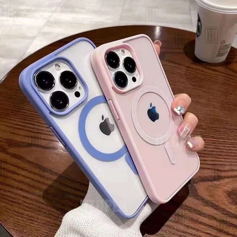 Pink Transparent Acrylic Protective Case for iPhone 11-17 Pro Max with Shockproof Design and Magnetic MagSafe Compatibility