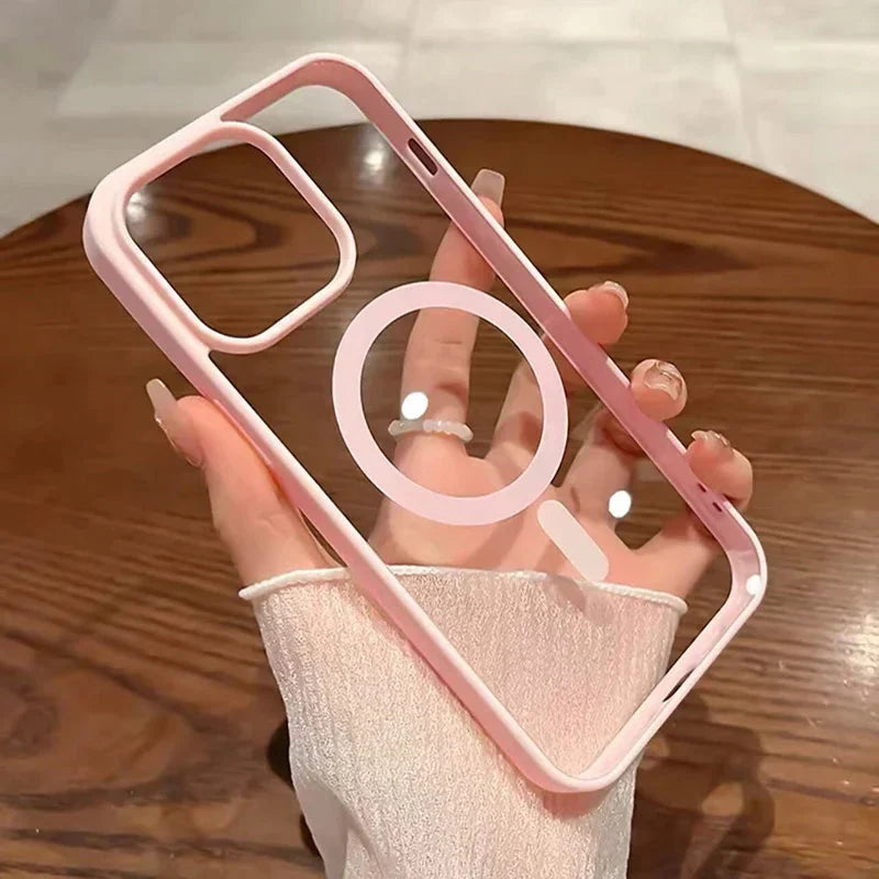 Pink Transparent Acrylic Protective Case for iPhone 11-17 Pro Max with Shockproof Design and Magnetic MagSafe Compatibility