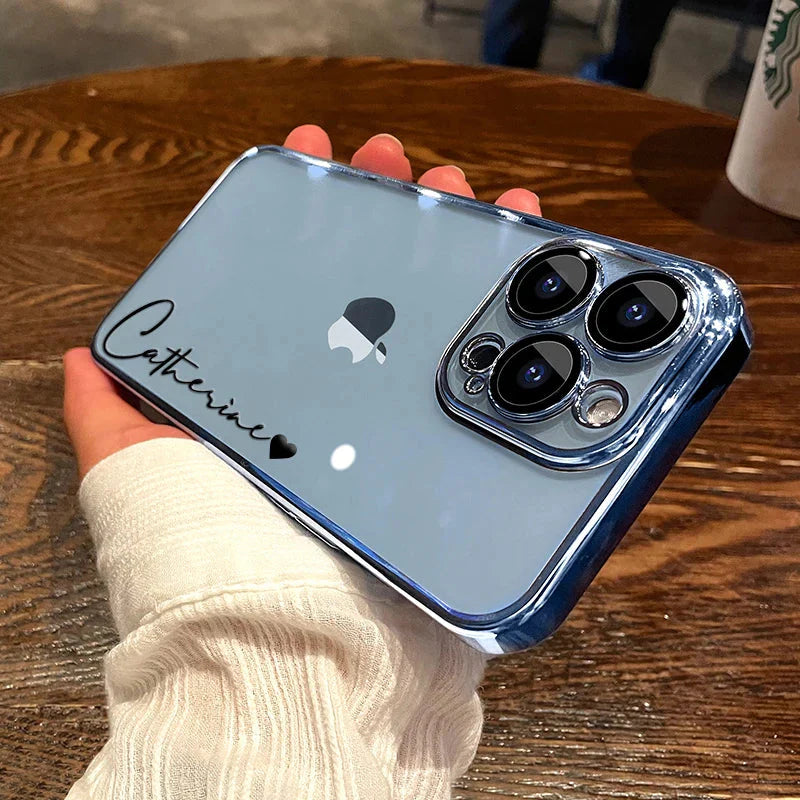 Personalized Custom Name Case for iPhone 11, 12, 13, 14, 15, and 16 Pro Max - Transparent Plating Clear Cover