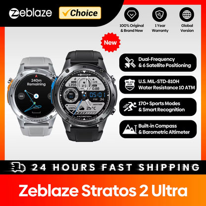 Stratos 2 Ultra GPS Smartwatch with Built-In Compass, Barometric Altimeter, Dual-Band GNSS, Voice Calling, and 10 ATM Water Resistance