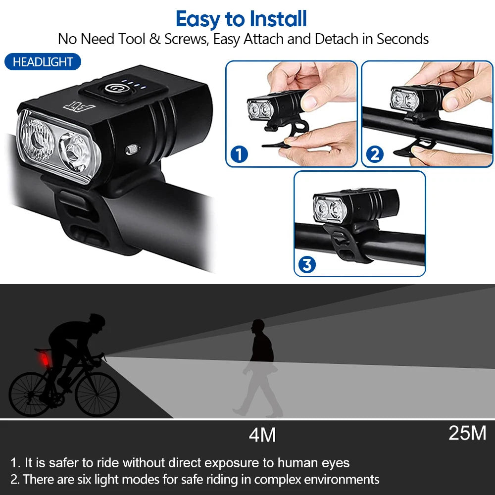 Type-C Rechargeable LED Bicycle Headlight - Easy to Install MTB and Road Bike Front Light