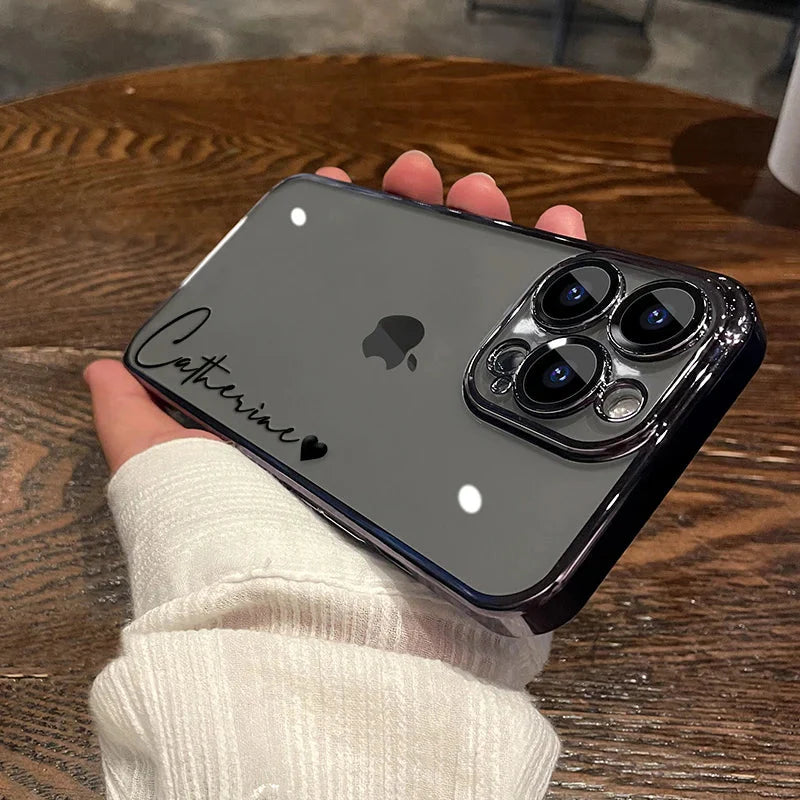 Personalized Custom Name Case for iPhone 11, 12, 13, 14, 15, and 16 Pro Max - Transparent Plating Clear Cover