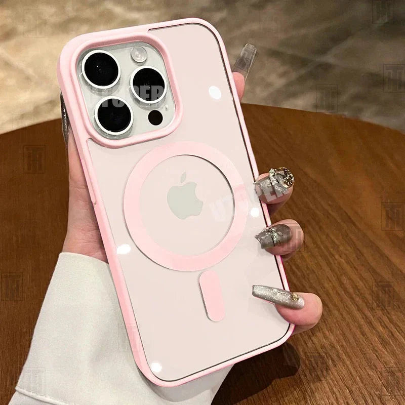 Pink Transparent Acrylic Protective Case for iPhone 11-17 Pro Max with Shockproof Design and Magnetic MagSafe Compatibility