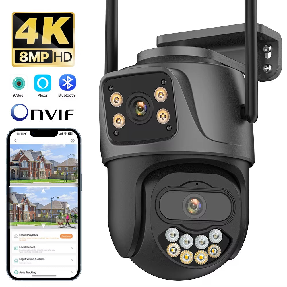 External 4K 8MP HD Dual Lens PTZ WiFi Camera with Auto Tracking - Outdoor IP CCTV Surveillance System